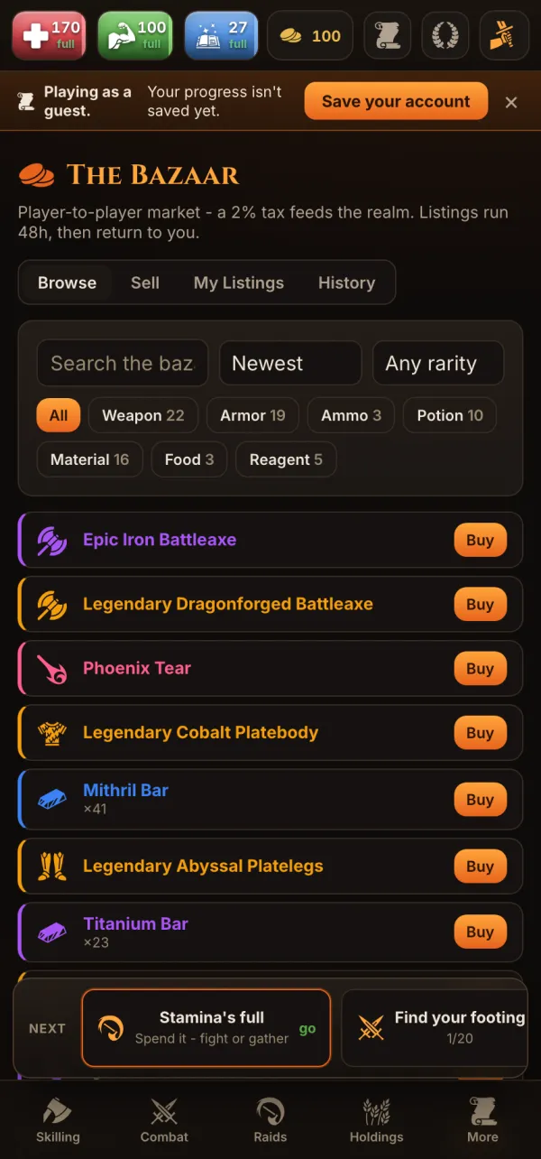 Ashveil Bazaar, the player-to-player market, showing listings for legendary and epic weapons, armour and materials with rarity colours and buy buttons.