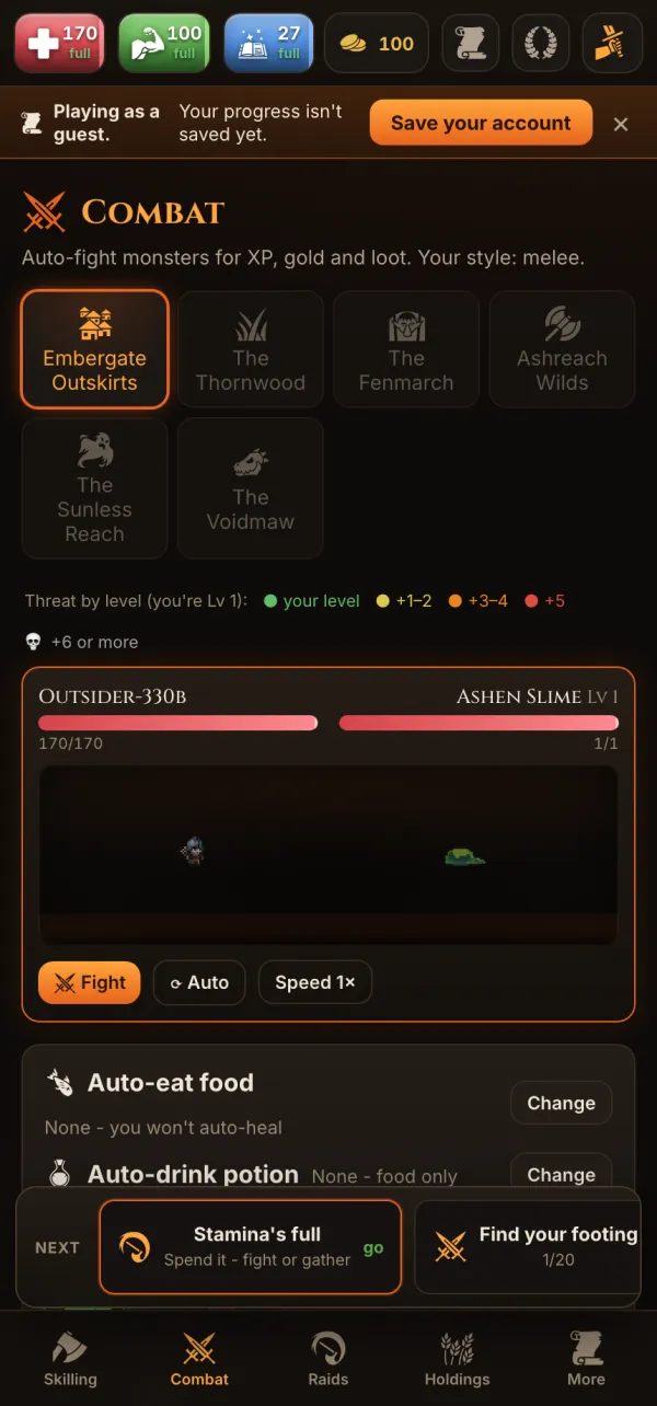 Ashveil combat screen: a warrior auto-fighting an Ashen Slime in the Embergate Outskirts, with health bars, a threat-by-level legend, and Fight, Auto and Speed controls.