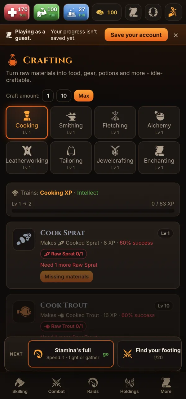 Ashveil crafting screen showing the eight artisan skills - Cooking, Smithing, Fletching, Alchemy, Leatherworking, Tailoring, Jewelcrafting and Enchanting - with cooking recipes and success rates.