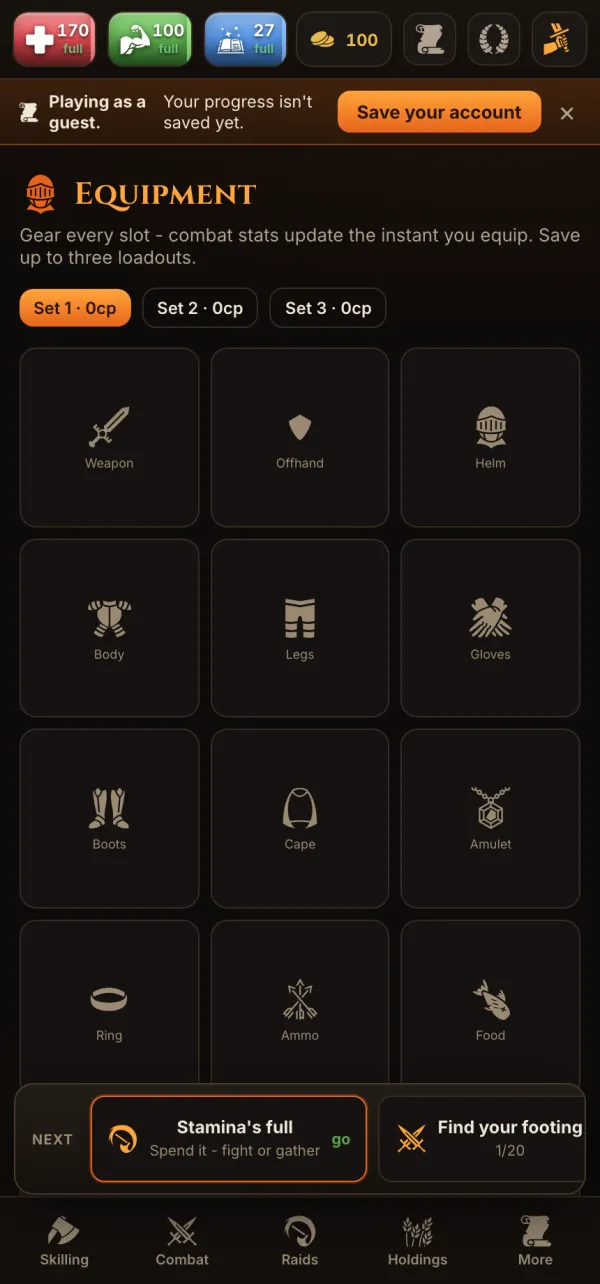 Ashveil equipment screen showing all twelve gear slots - weapon, off-hand, helm, body, legs, gloves, boots, cape, amulet, ring, ammo and food - and three saved loadouts.