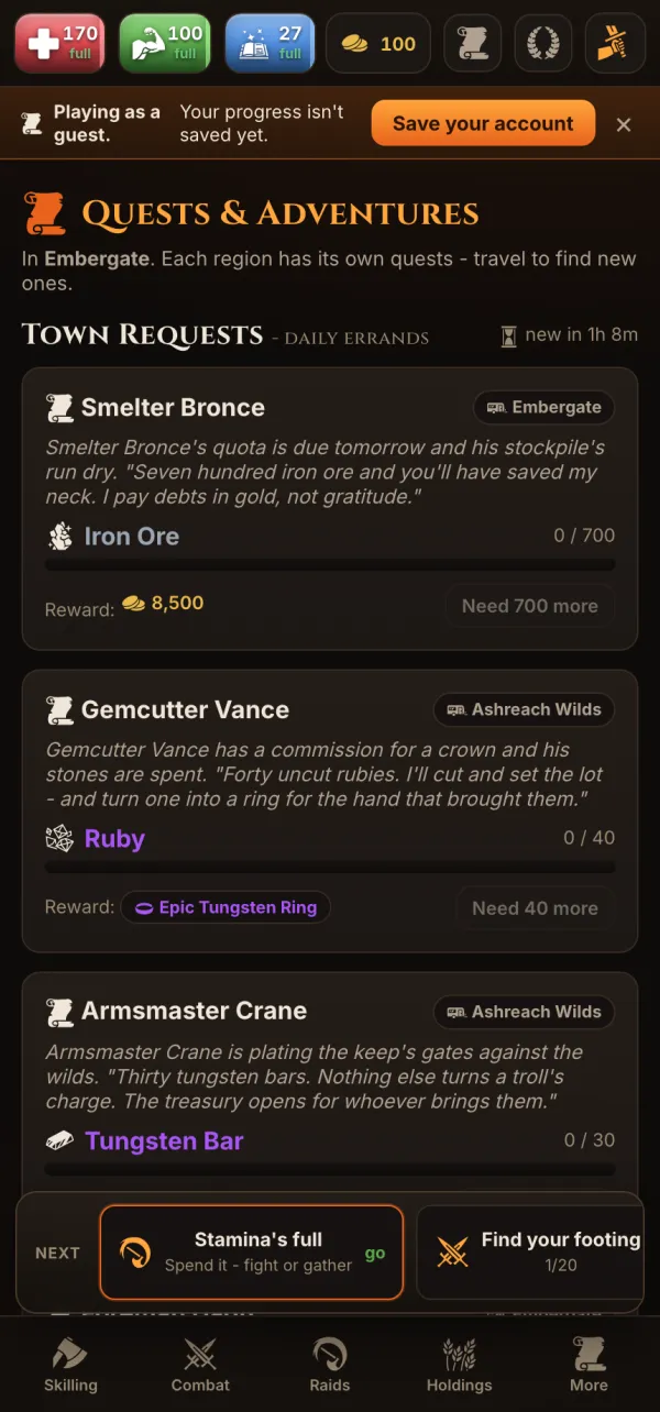Ashveil quests screen in Embergate showing the daily Town Requests board - turn-in errands from named townsfolk like Smelter Bronce and Gemcutter Vance - above the region's adventures.