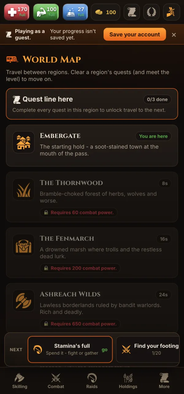 Ashveil world map showing the six regions in a line - Embergate, the Thornwood, the Fenmarch, Ashreach Wilds and beyond - with travel times and combat-power requirements.